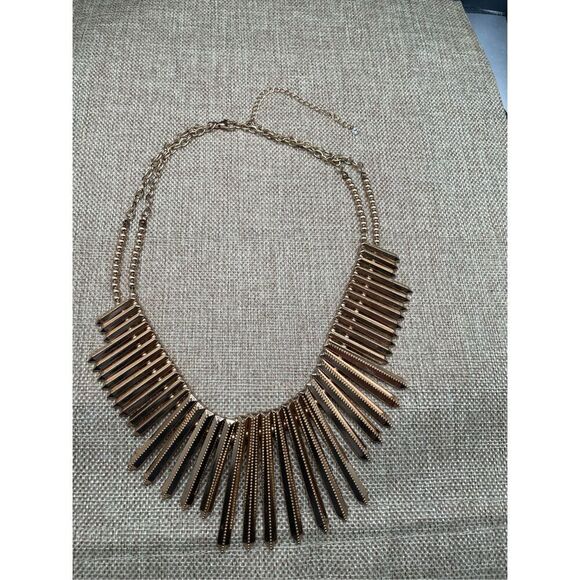 Modernist Gold Spike Geometric Bib Statement Runway Necklace Double Chain - Picture 3 of 9